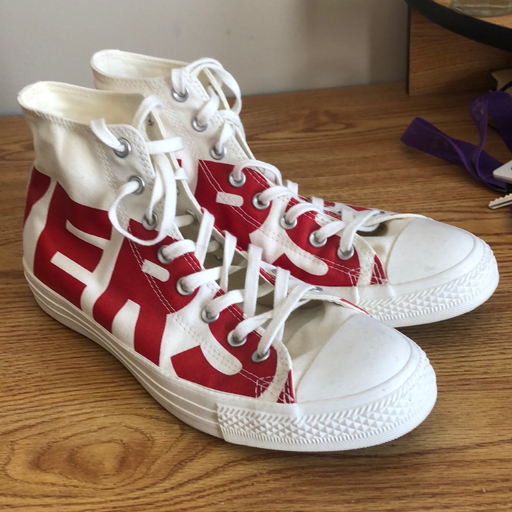 Converse White High Tops with Bold Red Print